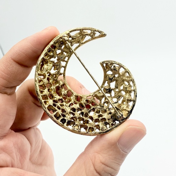 Vintage Multi Color Rainbow Rhinestone Crescent Brooch - Picture 7 of 8